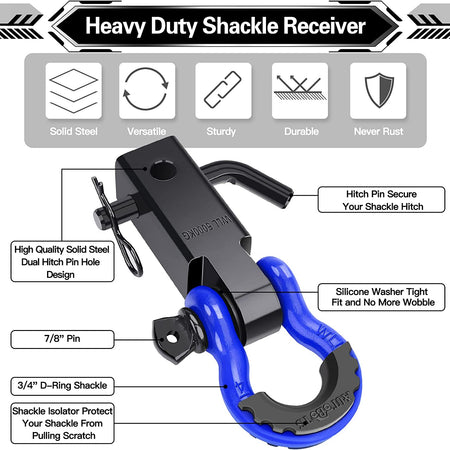 Shackle Hitch Receiver 2", 45,000 Lbs Break Strength Heavy Duty Receiver with 5/8" Screw Pin, 3/4" D Ring Shackles, Towing Accessories for Vehicle Recovery Off-Road, Blue&Black