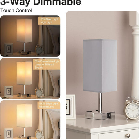 Touch Control USB Table Lamp, 3-Way Dimmable Bedside Lamp with Dual USB Ports and Outlets, Minimalist Small Lamps for Bedroom Nightstand Living Room Office Dorm Decor (LED Bulb Included )