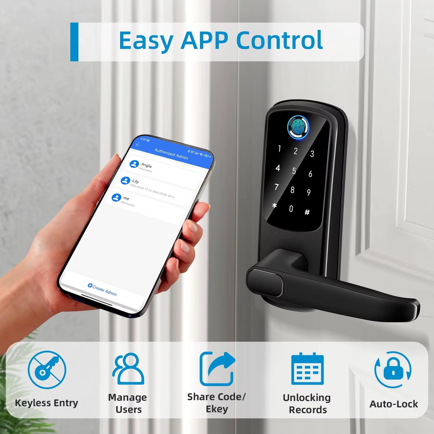 Smart Lock 5 in 1 Door Lock with Handle Biometric Technology Storage Memory Function TT LOCK APP Control
