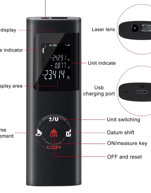 Load image into Gallery viewer, Smartmeasure 40M/60M Mini Laser Distance Meter – USB Rechargeable Handheld Rangefinder for Accurate Measurements
