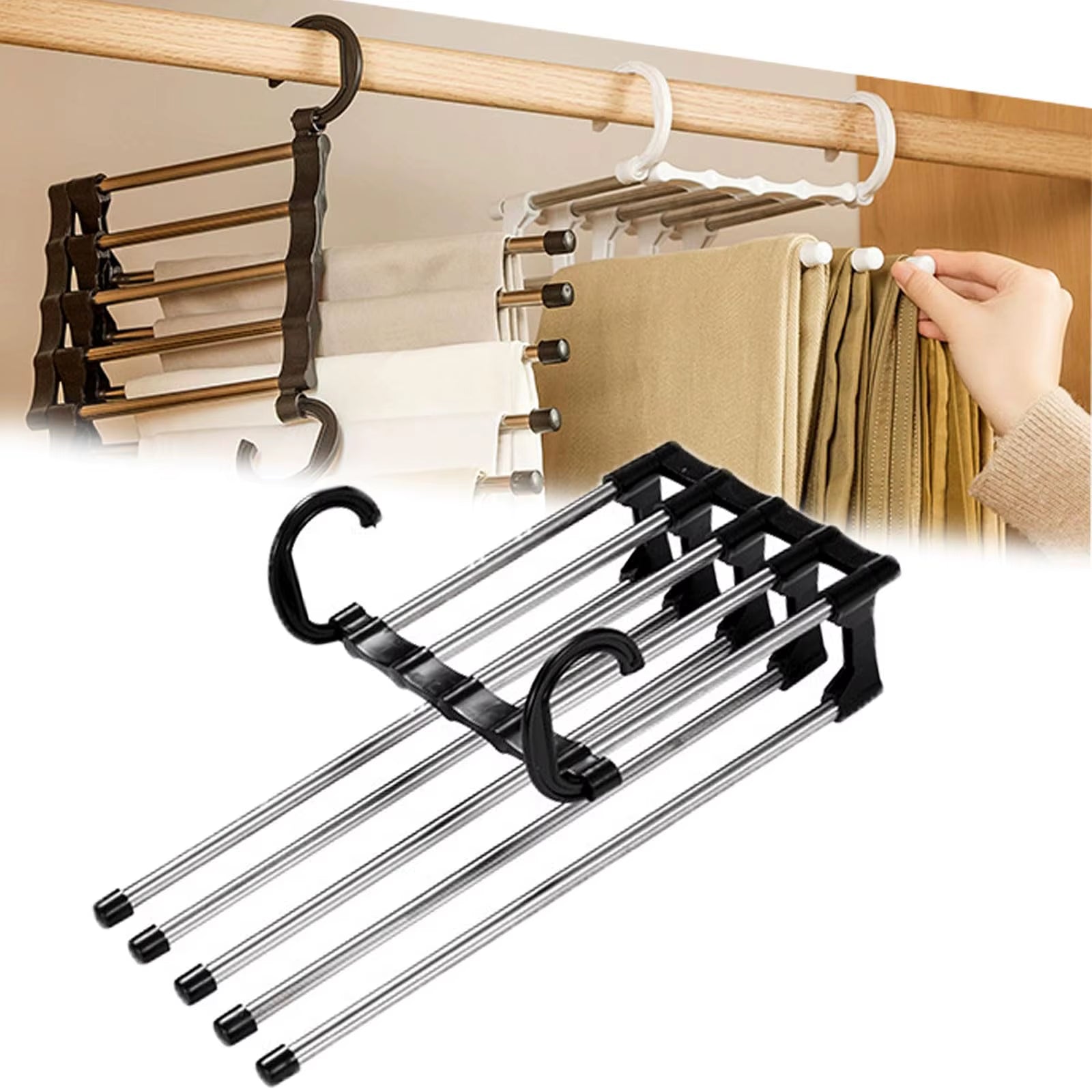 Maxirack 5-In-1 Magic Trouser Rack – Stainless Steel Folding Pant & Tie Organizer for Closet & Wardrobe Storage