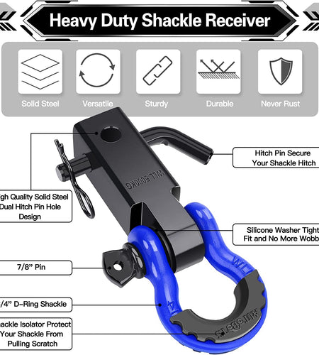 Shackle Hitch Receiver 2", 45,000 Lbs Break Strength Heavy Duty Receiver with 5/8" Screw Pin, 3/4" D Ring Shackles, Towing Accessories for Vehicle Recovery Off-Road, Blue&Black