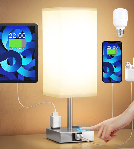 Touch Control USB Table Lamp, 3-Way Dimmable Bedside Lamp with Dual USB Ports and Outlets, Minimalist Small Lamps for Bedroom Nightstand Living Room Office Dorm Decor (LED Bulb Included )