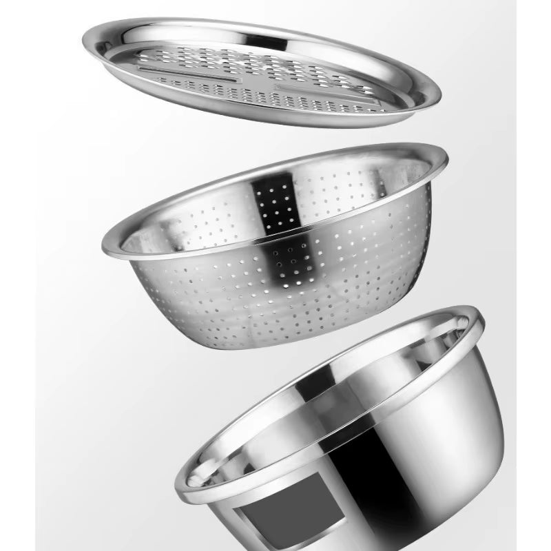 Kitchenpro 3-In-1 Stainless Steel Drain Basket – Multifunctional Colander, Vegetable Slicer & Grater for Effortless Food Prep