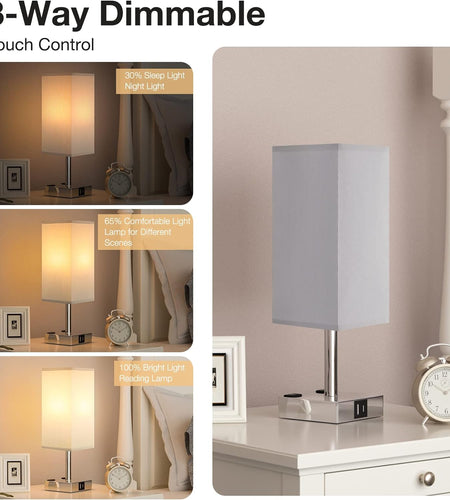 Touch Control USB Table Lamp, 3-Way Dimmable Bedside Lamp with Dual USB Ports and Outlets, Minimalist Small Lamps for Bedroom Nightstand Living Room Office Dorm Decor (LED Bulb Included )