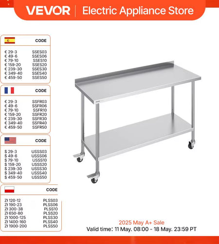 Stainless Steel Work Table Commercial Food Prep Worktable with Casters Heavy Duty Prep Worktable for Restaurant Home Hotel