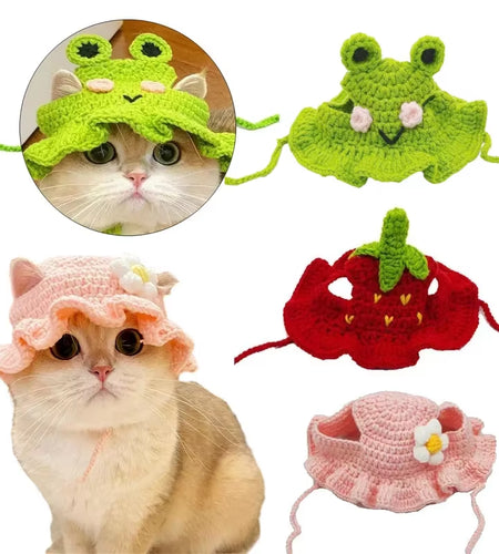 Hand-Made Cat Hat Elastic Woven Cap Pet Hat Puppy Kitten Headwear Knitted Hat Party Photo Shoot Props Decoration Cat Accessories